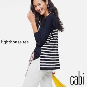 Cabi 5742 Navy Blue Stripe Lighthouse Tunic Top Side Slit Long Sleeve Medium